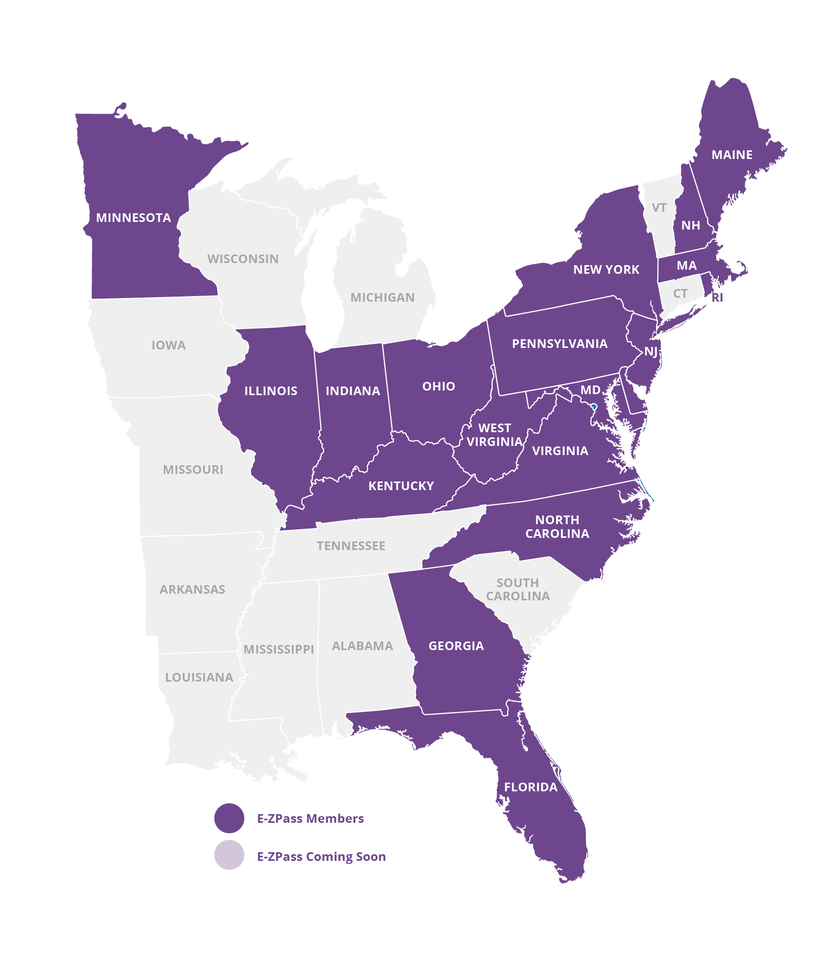 Map showing states where E-ZPass can be used outside Virginia