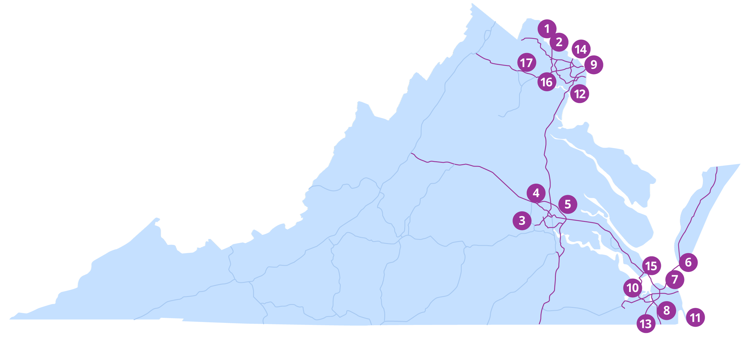 Map showing where E-ZPass can be used in Virginia